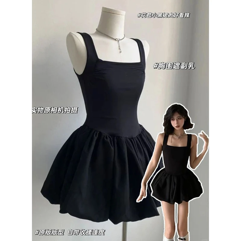 黑色吊带连衣裙短款裙子女花苞裙夏季收腰小黑裙芭蕾风蓬蓬裙短裙