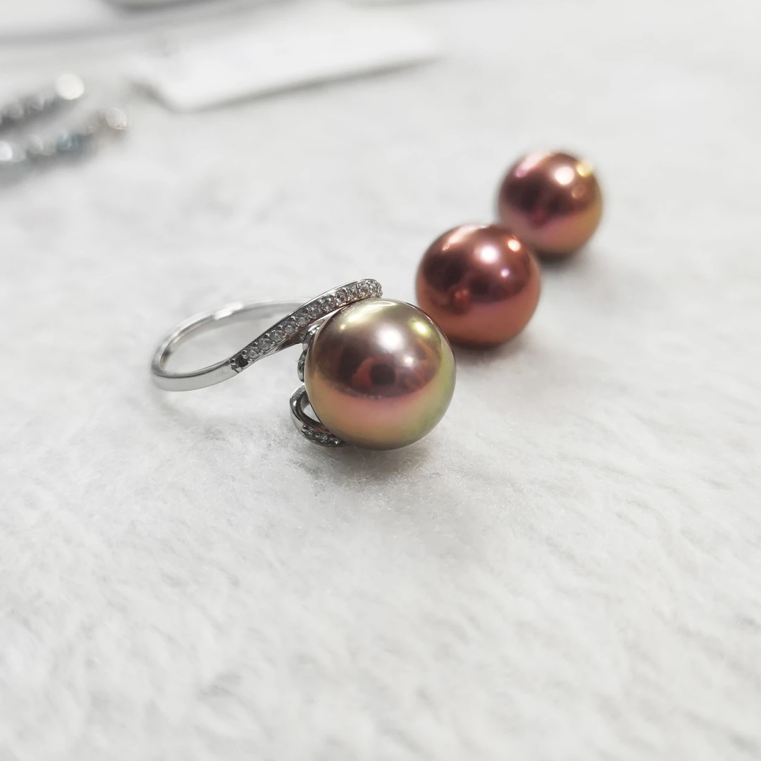 淡水稀有色紫珠戒指 11-12mm 圆极强光 可调节 晕彩多样性发一