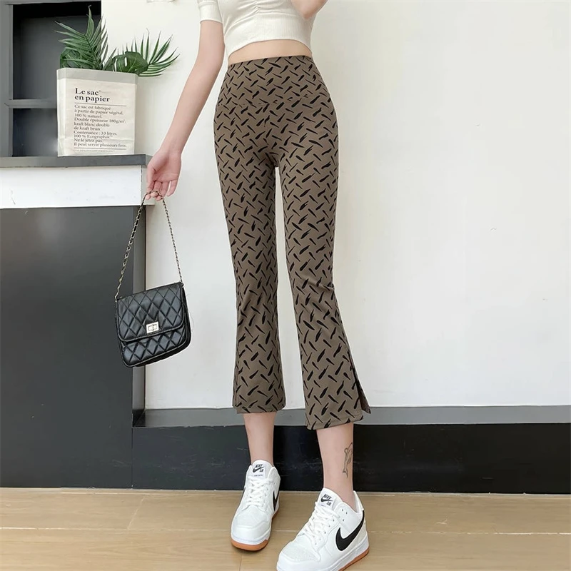 2025夏季新款高腰修身显瘦星空喇叭开叉八分裤女洋气百搭休闲裤潮