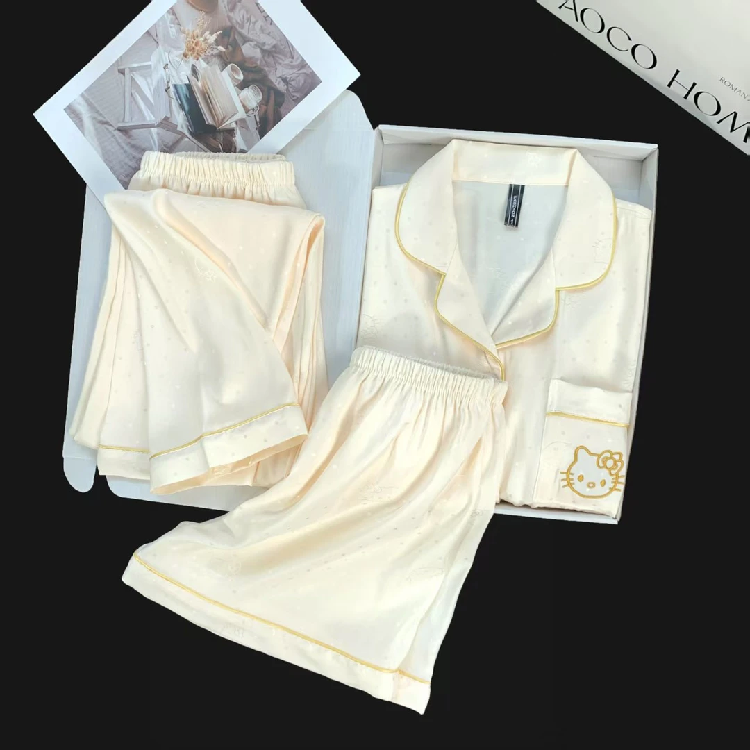 2025女夏季新款KT猫透气冰雪丝三件套带胸垫防凸点睡衣休闲可外穿