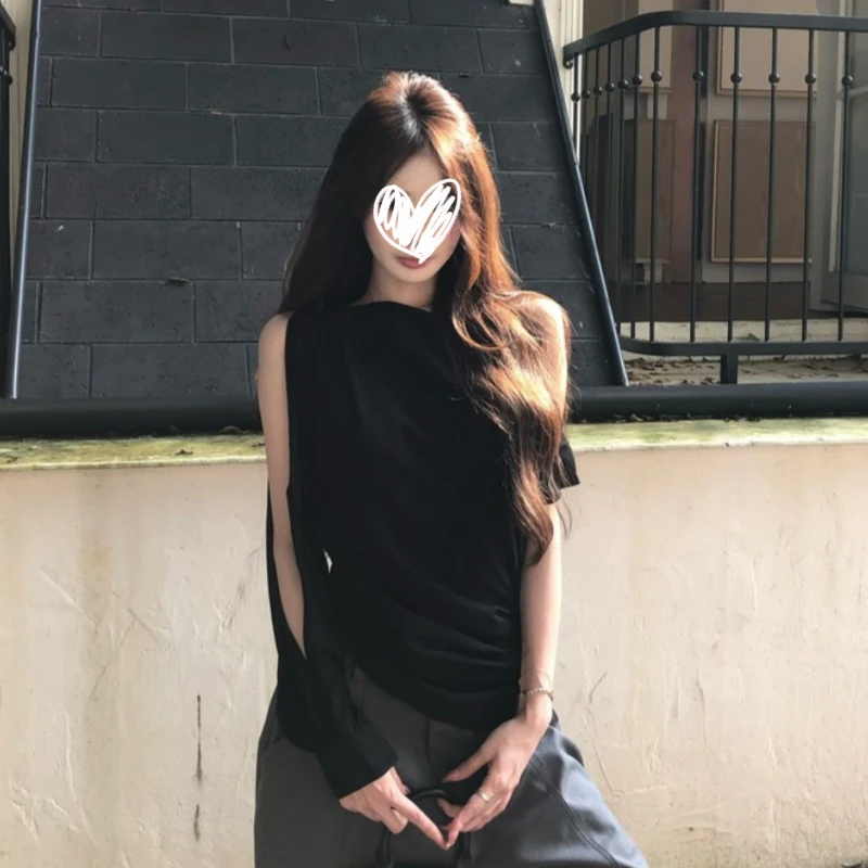 2025年早秋新款简约通勤黑色斜肩T恤修身显瘦高级设计感纯欲上衣