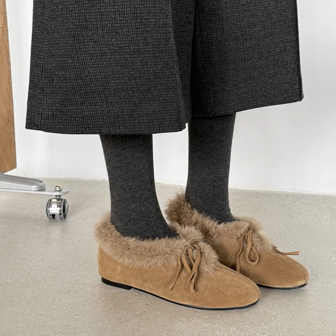 诗宝斐尔毛毛鞋女冬季加绒保暖穆勒鞋复古磨砂牛皮蝴蝶结平底单鞋