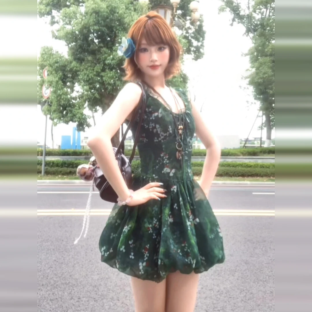 绿色碎花连衣裙女夏季洋气小个子花苞裙子女款爆款2025新款高级感
