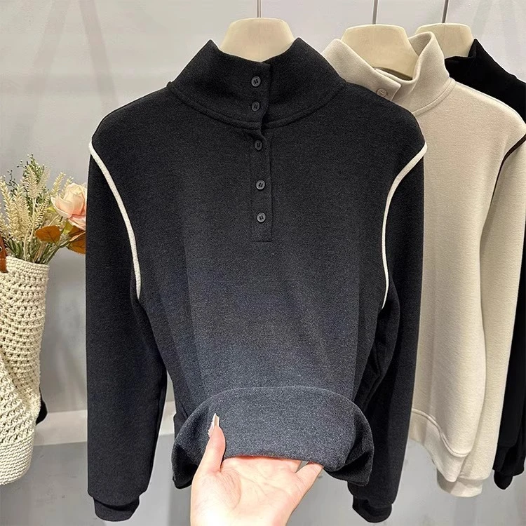 芯娇晴韩系纽扣半开立领双面德绒长袖T恤女春秋季新款内搭打底衫