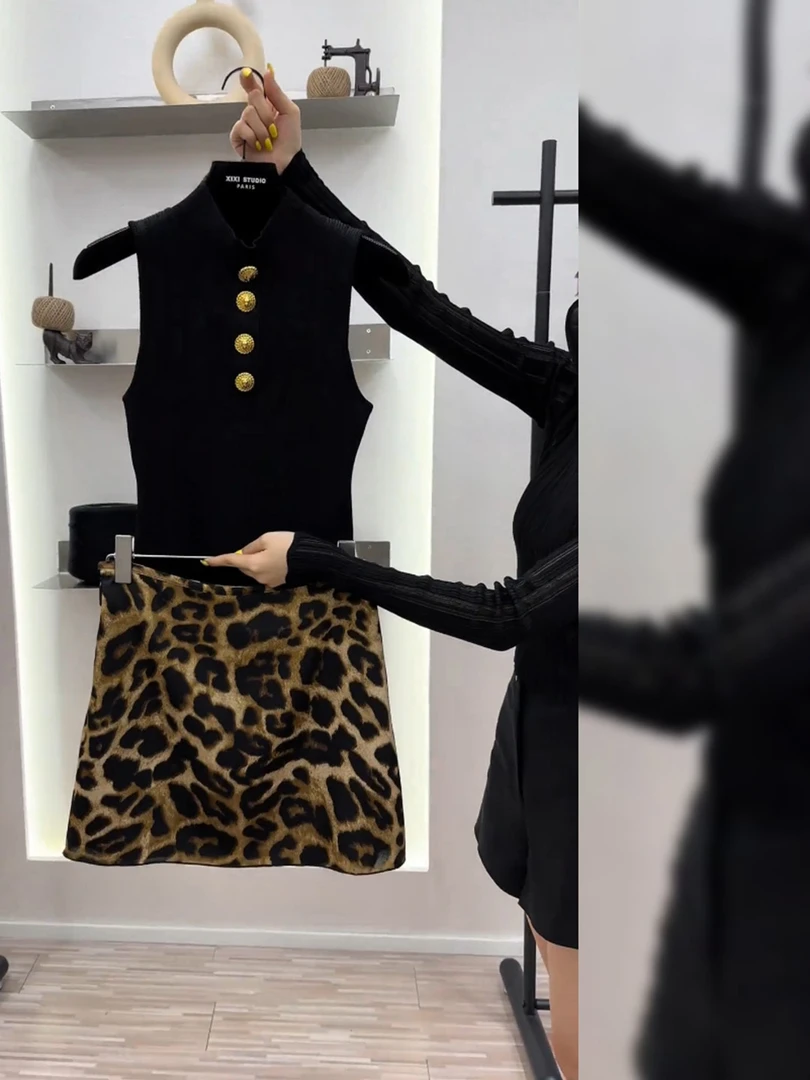 2025新款高级感御姐范女装黑色无袖修身针织吊带背心豹纹半身裙夏