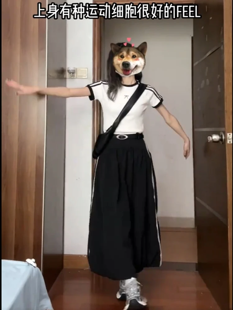 早秋时尚女装中长款半身裙2025年新款抽褶a字条纹高腰百搭花苞裙