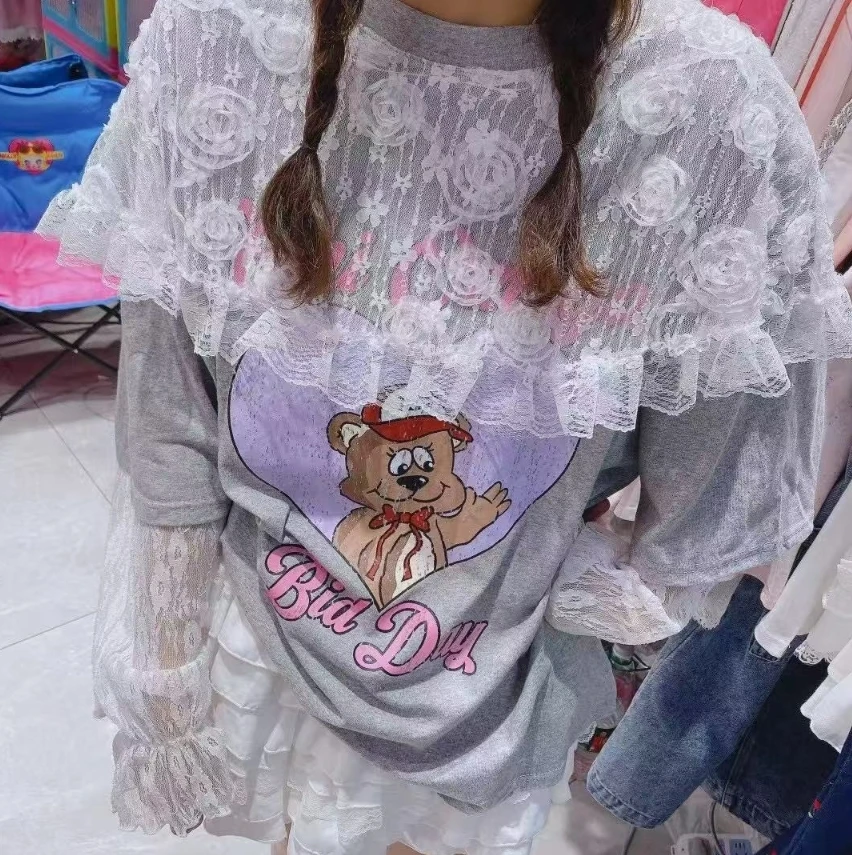 【淼姐家高级定制】欧货新款假两件拼纱小熊上衣时尚ins韩版