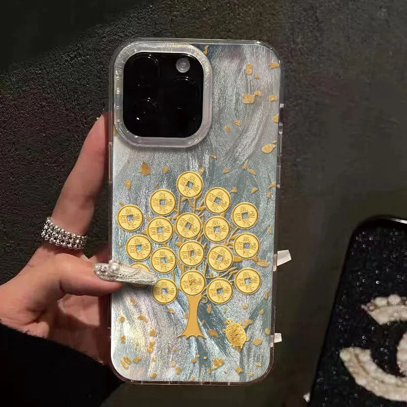 钱币财树适用苹果16pro手机壳iphone15promax全包14/13防摔8P羽纱