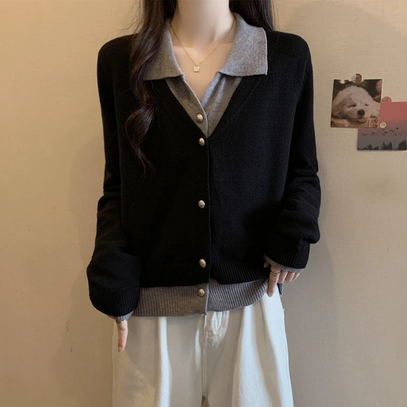 大码女装假两件针织衫毛衣设计感显瘦遮肚子内搭外穿胖mm洋气上衣