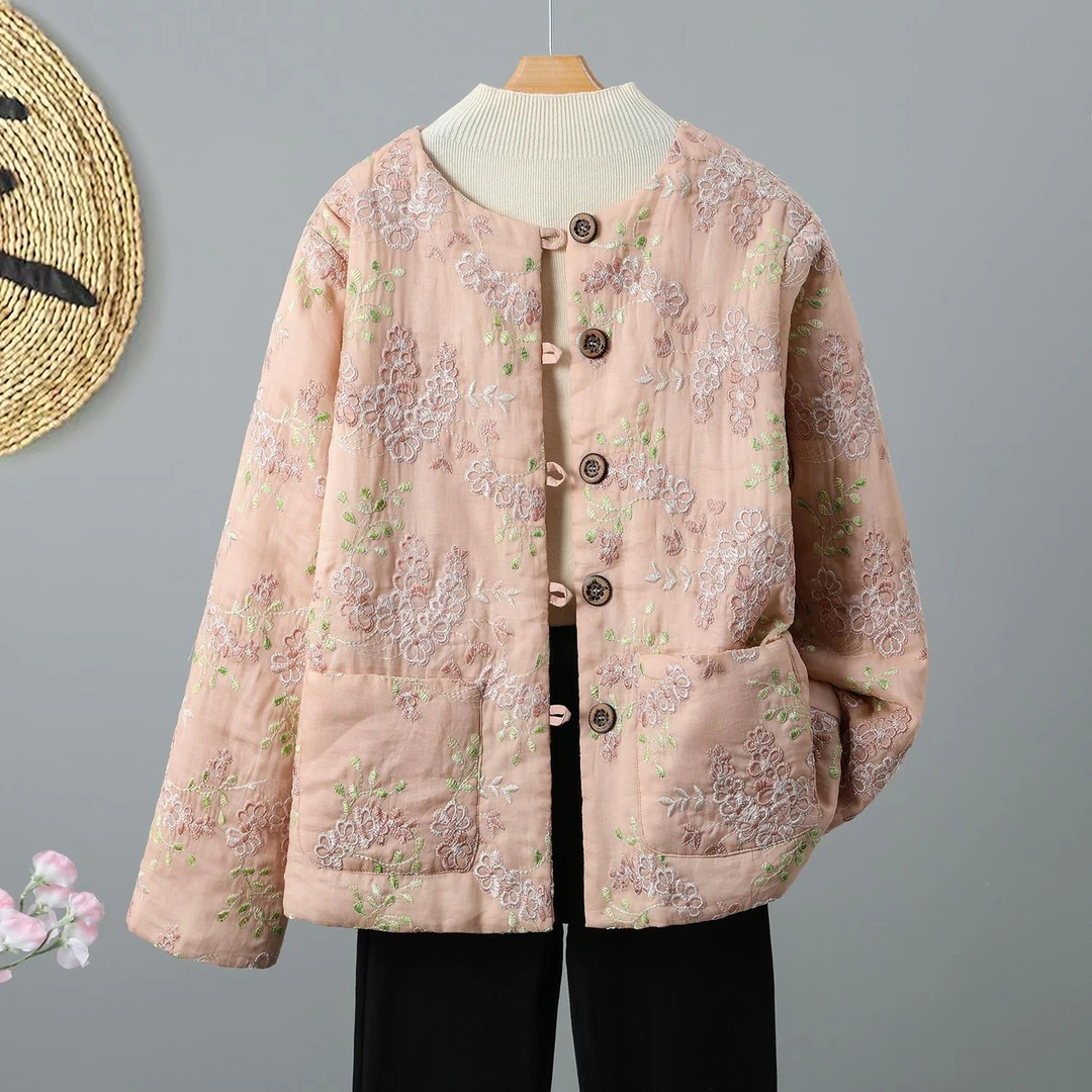 新中式国风刺绣棉服2024冬季新款高端苎麻夹棉棉衣女加厚保暖外套