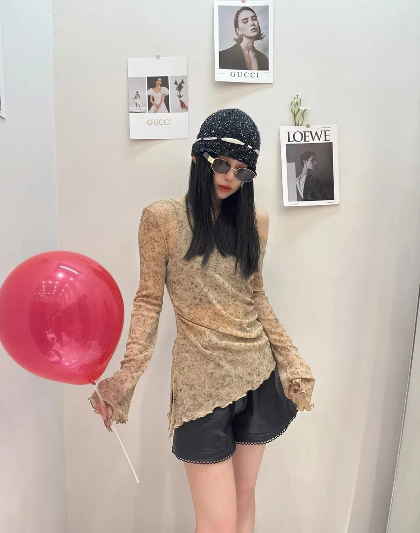 美拉德风长袖INS风常规款染色T恤短款休闲百搭女士