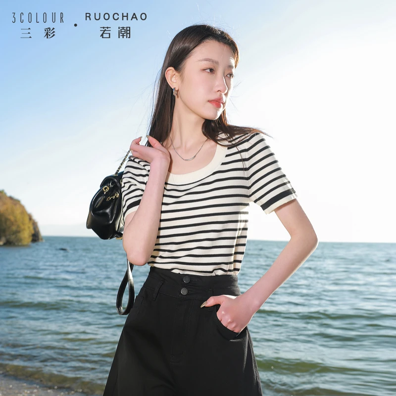 【商城专享】三彩大码女装夏简约休闲修身短款条纹针织衫套头