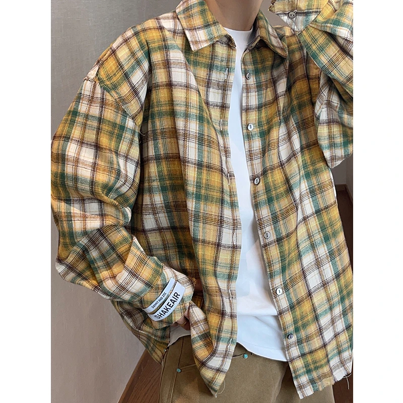 dannyandzee春季复古日系百搭磨毛黄绿格子毛边长袖衬衫SW653