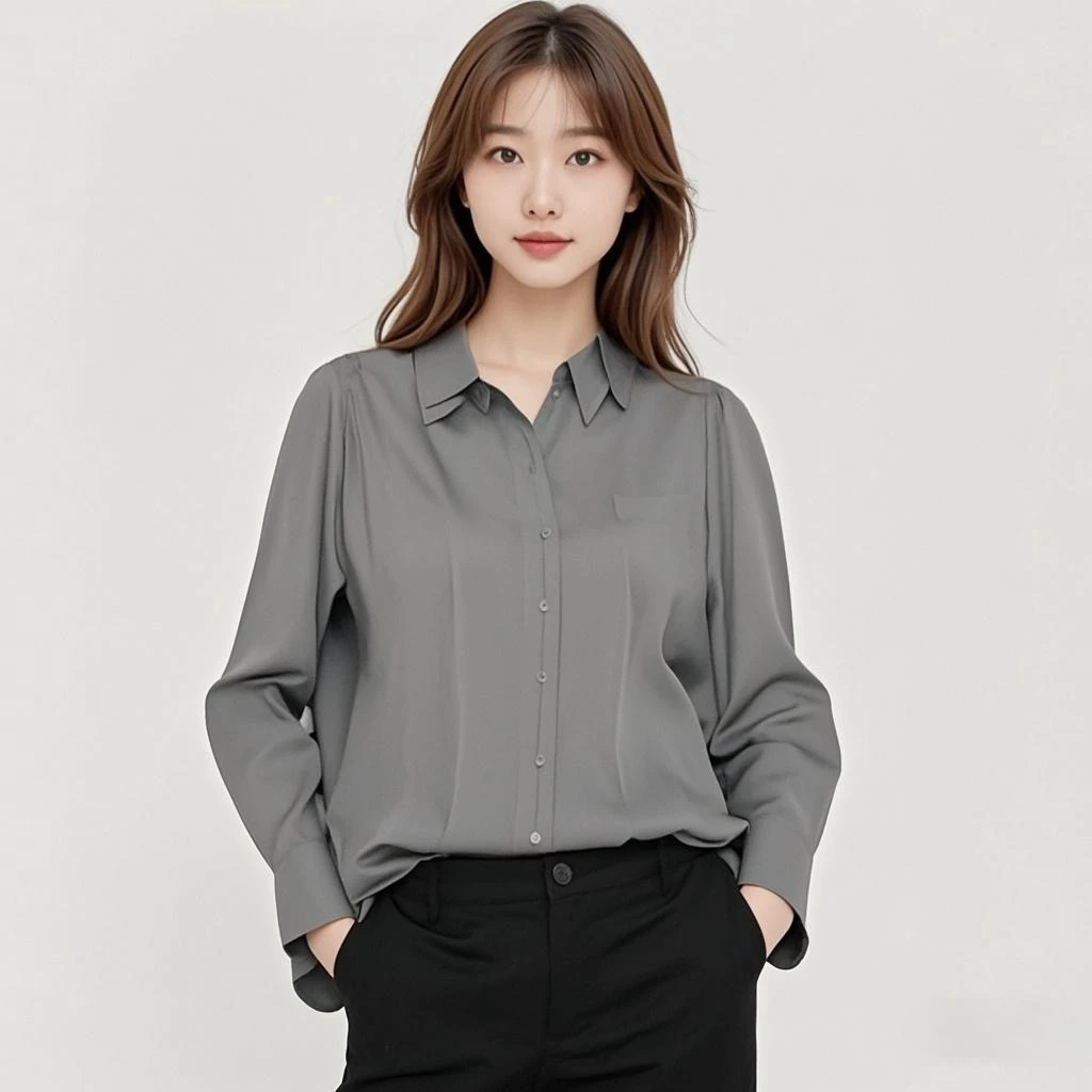 抗皱厚款标准型休闲女款开衫设计师尖领衬衫纯色上衣长袖夏秋