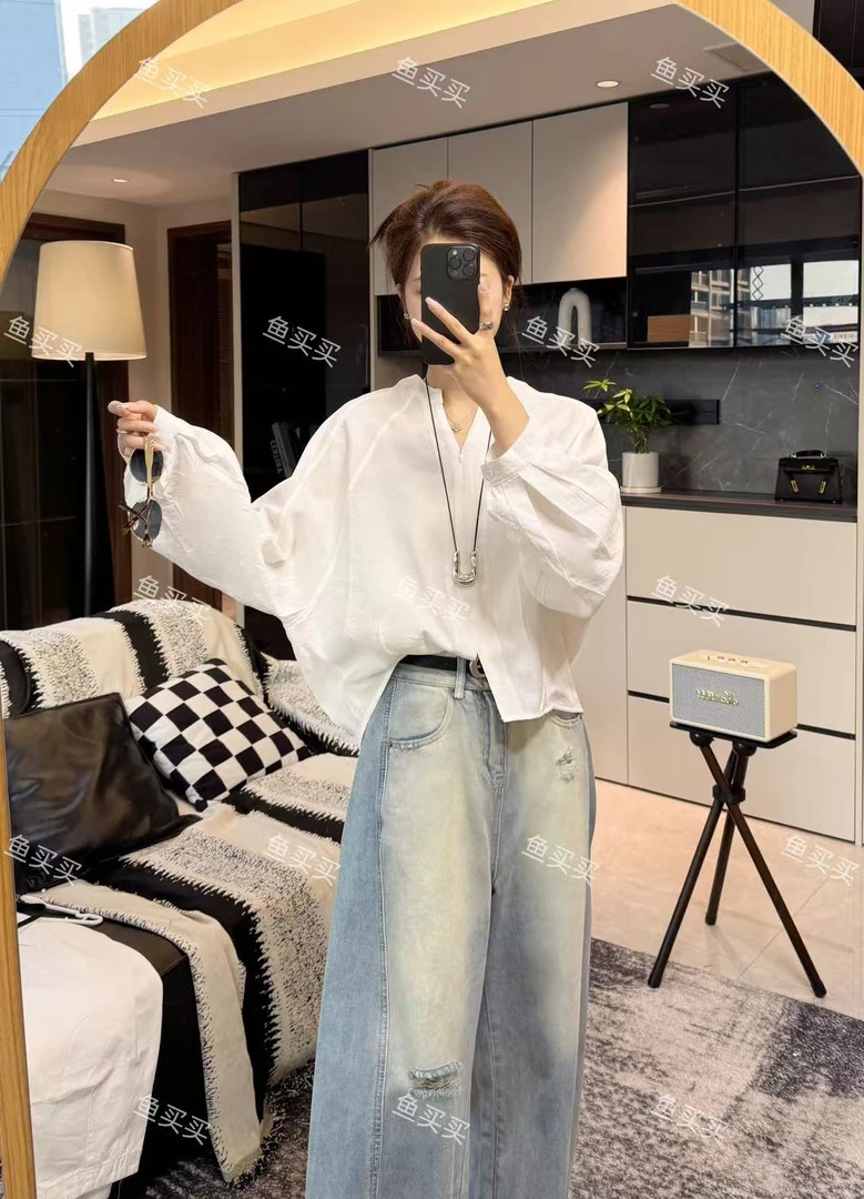 长袖衬衫女2025秋季新款欧韩货设计感小众插肩袖宽松百搭网红上衣