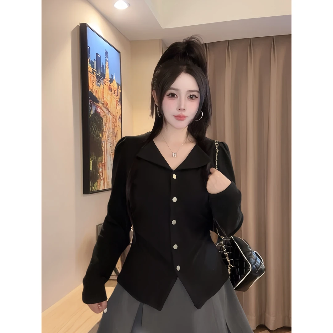 大码女装胖mm秋季新款设计感收腰翻领气质遮肚子修身显瘦上衣