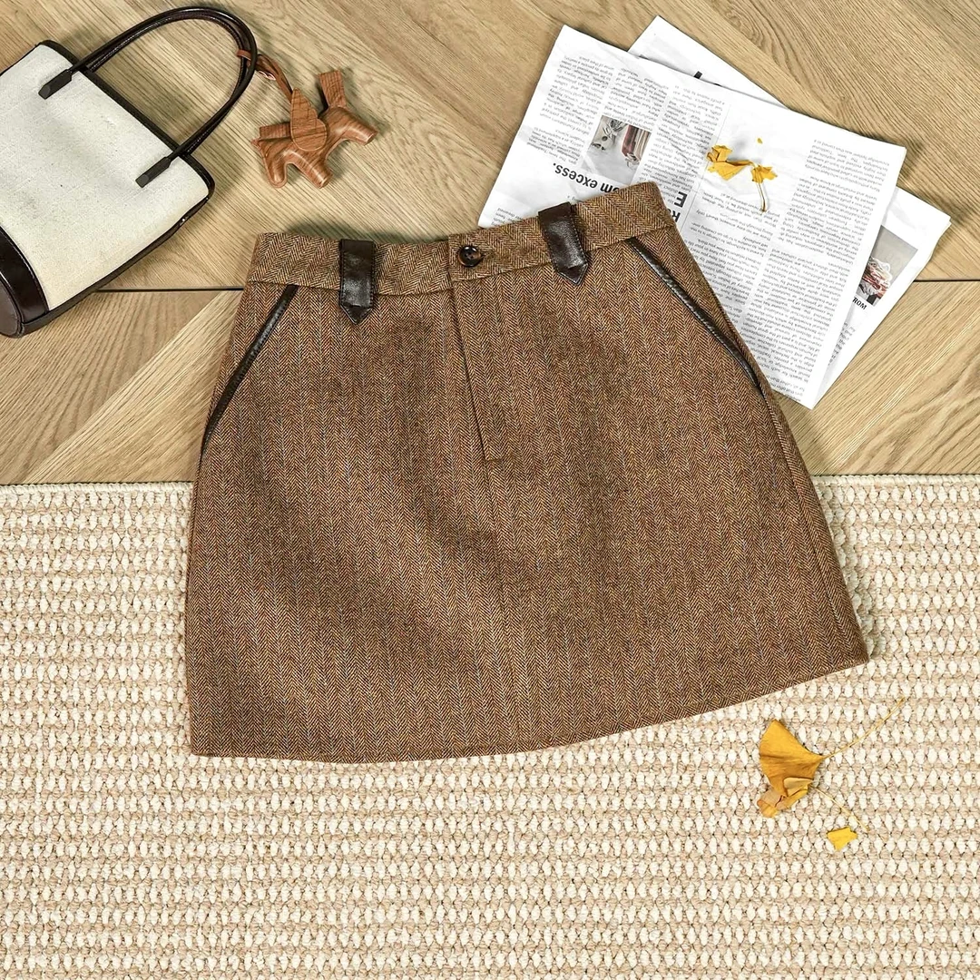 【伦敦奶咖】高腰复古半身裙A型洋气秋冬韩版短裙休闲A字裙53561