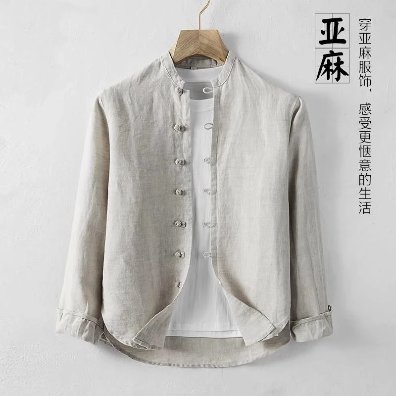 YDIIGOSS中国风男装纯亚麻长袖衬衫立领盘扣唐装棉麻透气衬衣外套