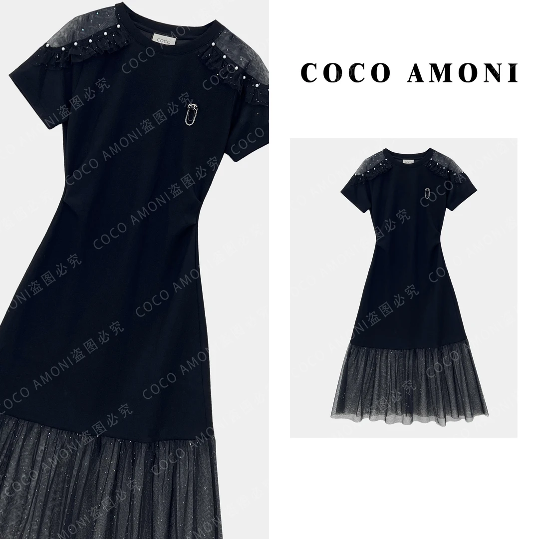 新款设计爆款高级感时尚女装拼接褶皱收腰显瘦气质连衣裙AC550