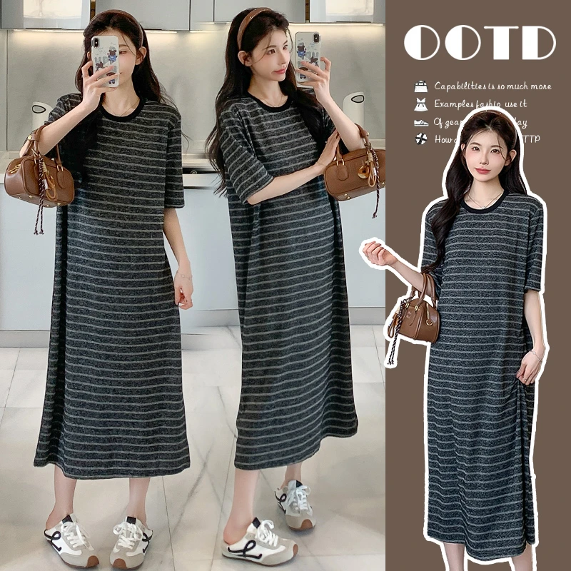 孕妇夏季连衣裙新款时尚百搭宽松圆领条纹慵懒风设计