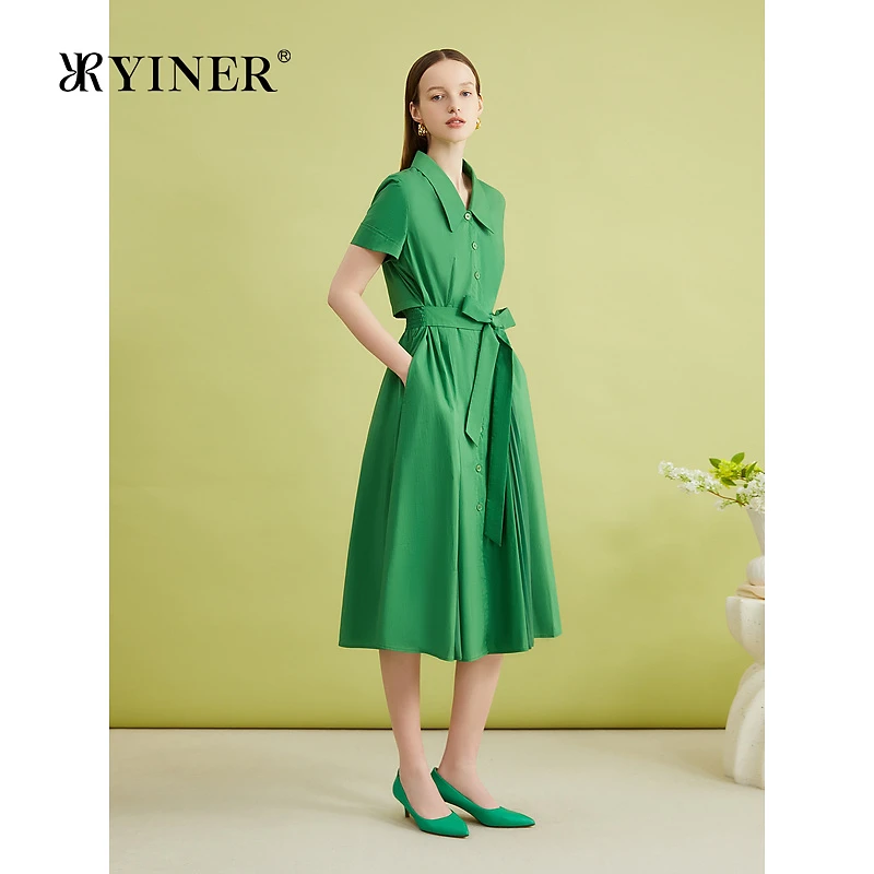 YINER音儿女装夏季高支棉法式优雅翻领收褶拼接雪纺连衣裙