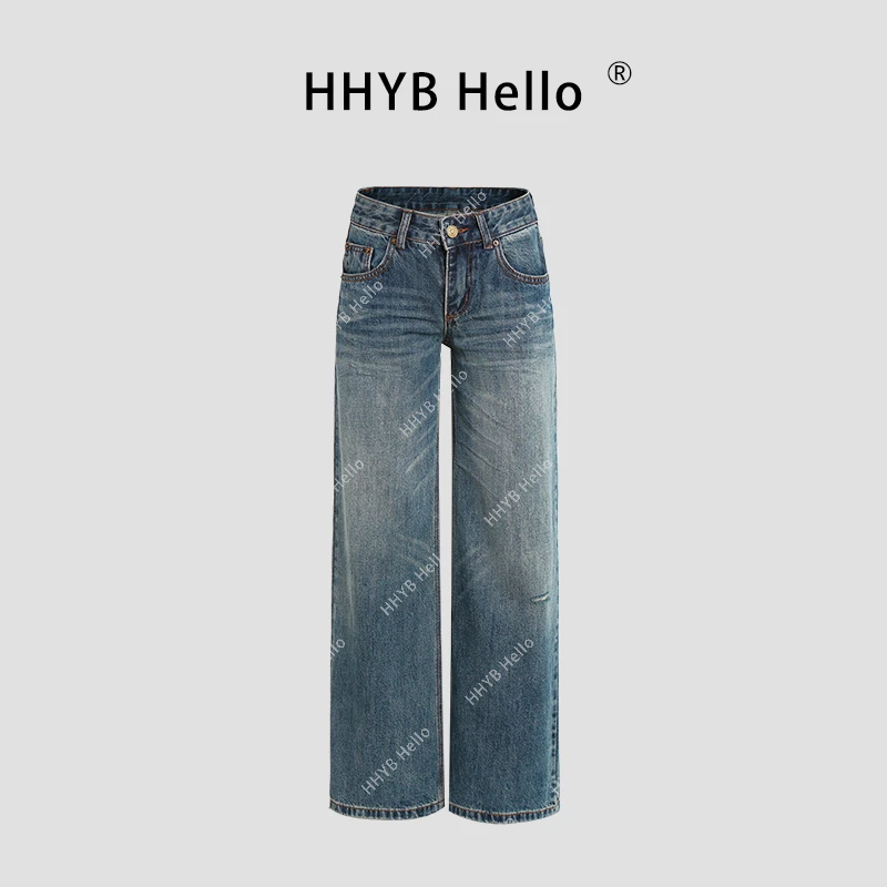HHYB Hello中低腰复古做旧洗水猫须宽松显瘦直筒牛仔裤女Q254050
