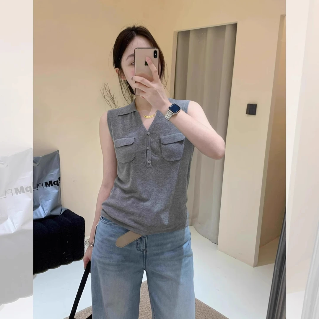 芊芊芙法式灰色亚麻针织背心女夏季独特漂亮冰丝坎肩翻领无袖上衣