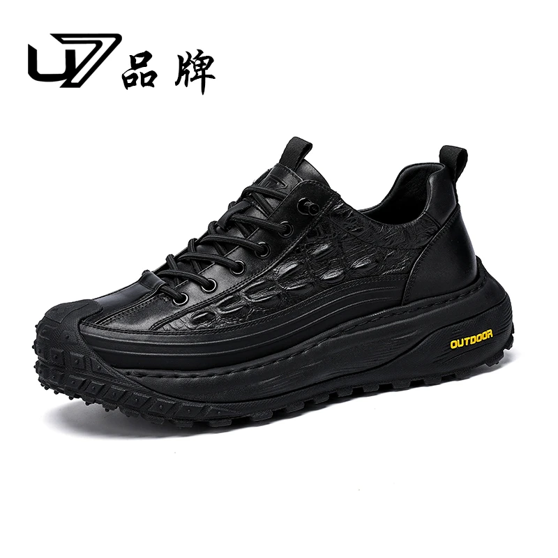 U7品牌男鞋 头层牛皮 新款时尚潮流鳄鱼纹软底百搭男士运动休闲鞋