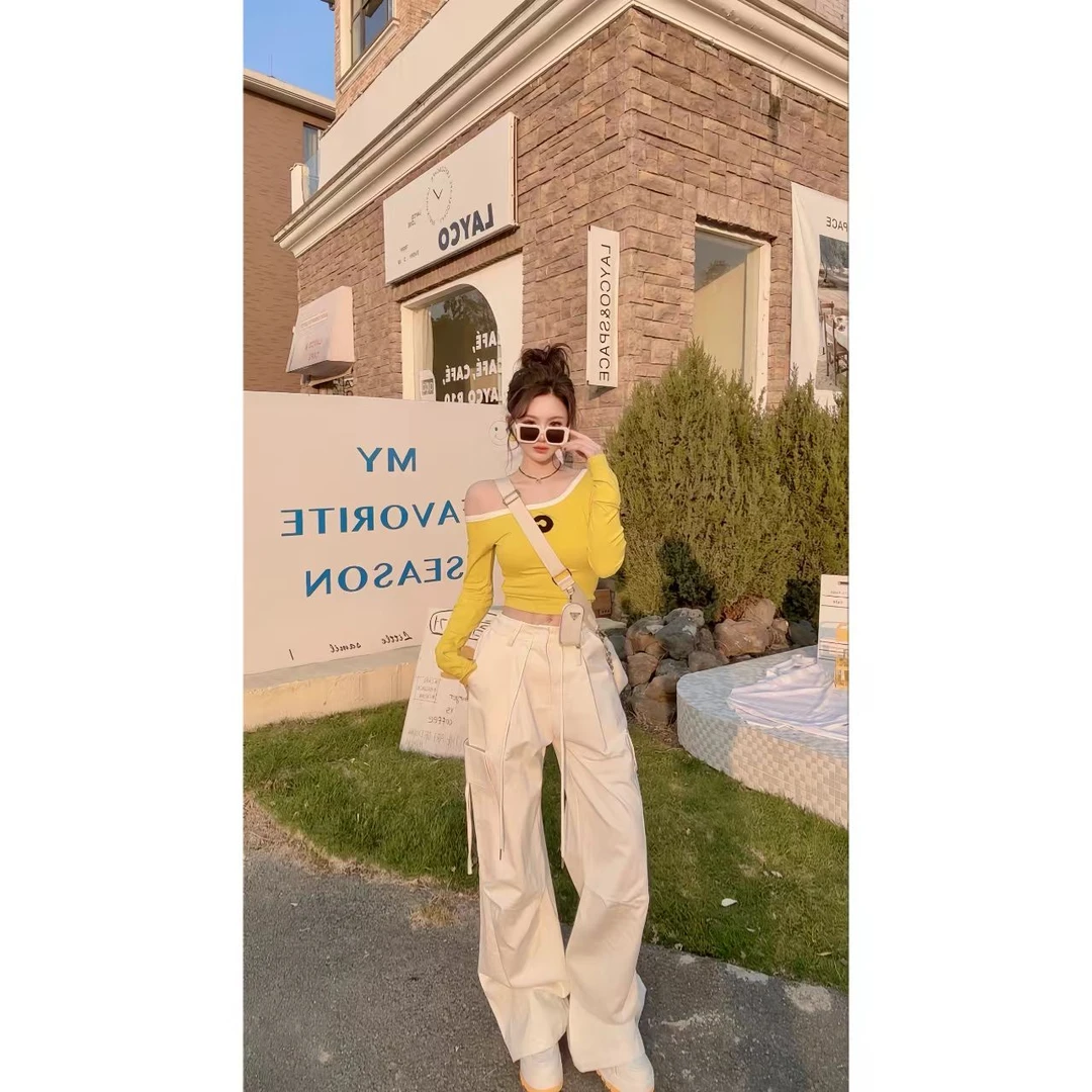 曼曼【酷次元】街头辣妹阔腿显瘦松紧腰多口袋工装裤