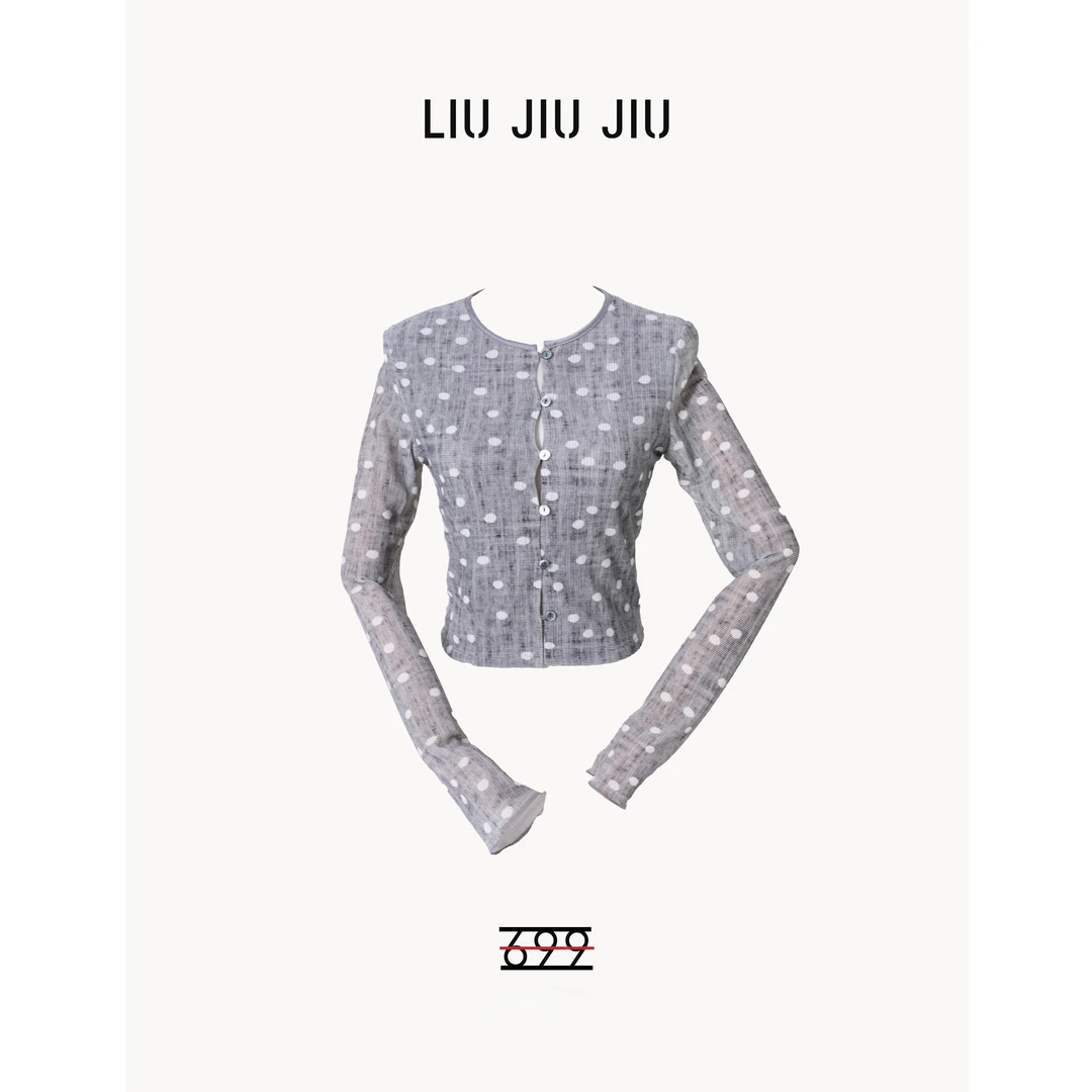 LIUJIUJIU 法式复古波点印花设计感圆领文艺风长袖针织衫SY4835L