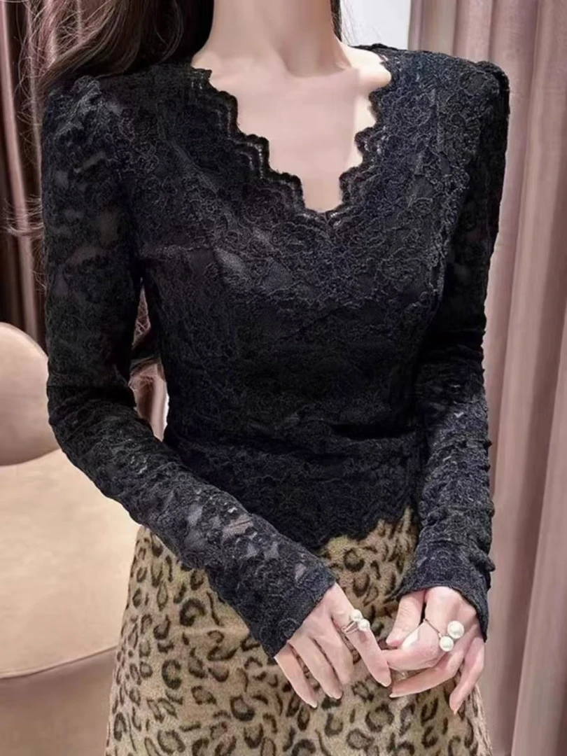 CK 9559新款高端蕾丝V领加绒打底衫