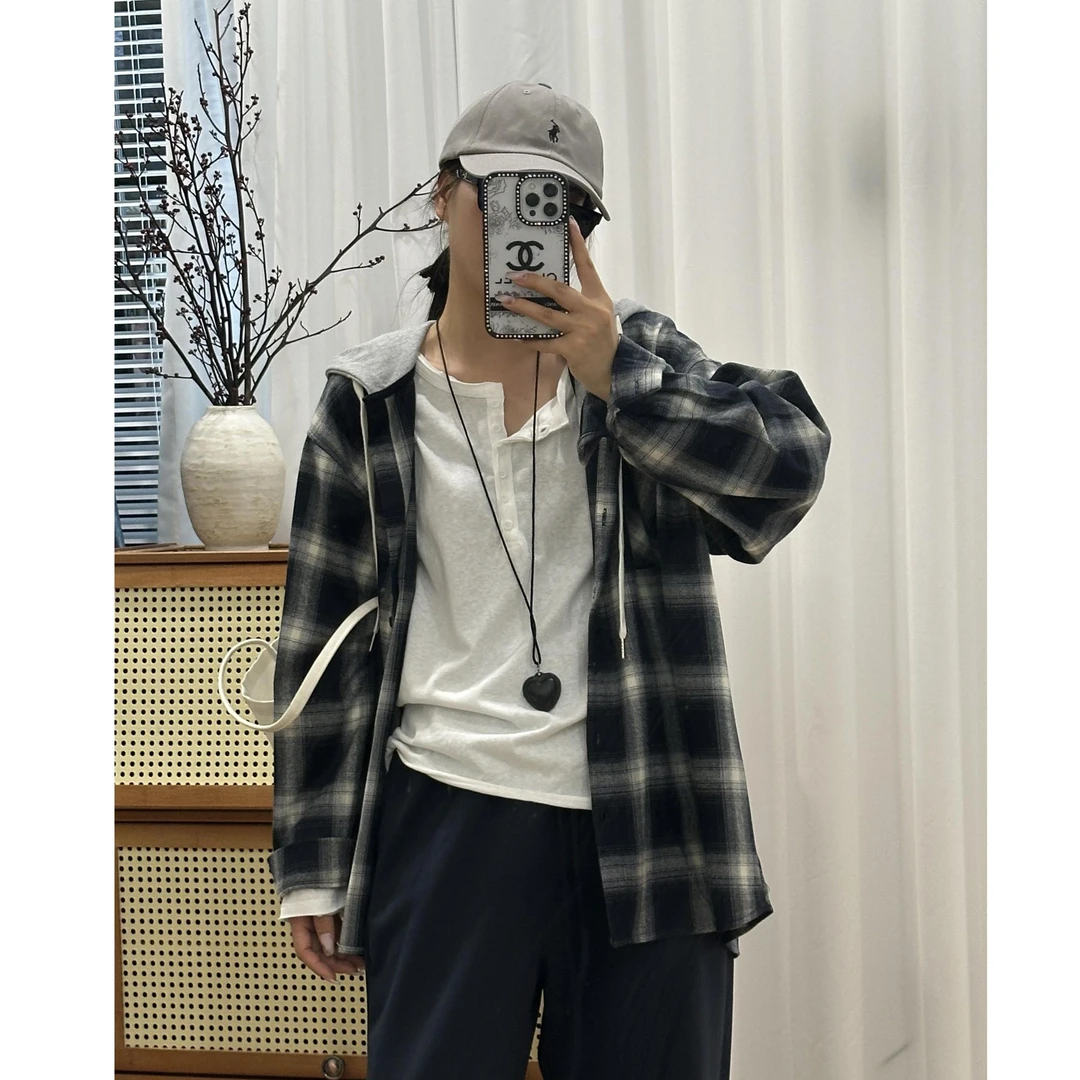 美式连帽宽松型格子衬衫慵懒BF风复古大板显瘦长袖休闲上衣秋季
