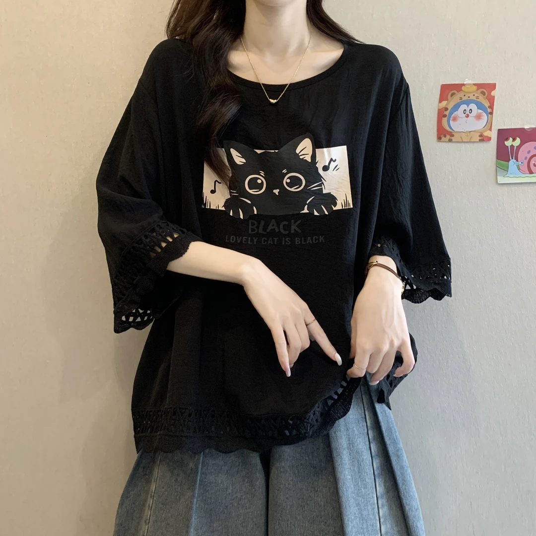 大码女装美式印花镂空正肩短袖T恤女胖MM 宽松显瘦遮肚子别致上衣