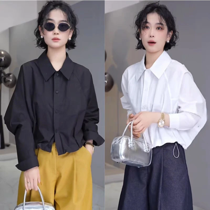 设计感小众下摆抽绳翻领蝙蝠袖短款衬衫女春季新款时尚百搭上衣潮