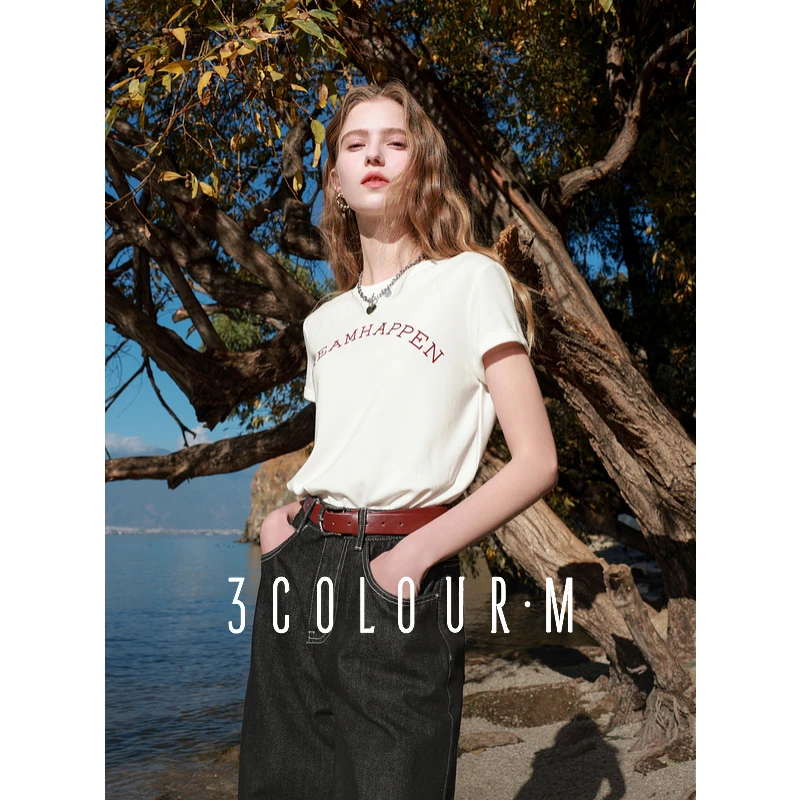 1484三彩2025春季新款植绒印花字母T恤圆领正肩短袖套头衫休dbq