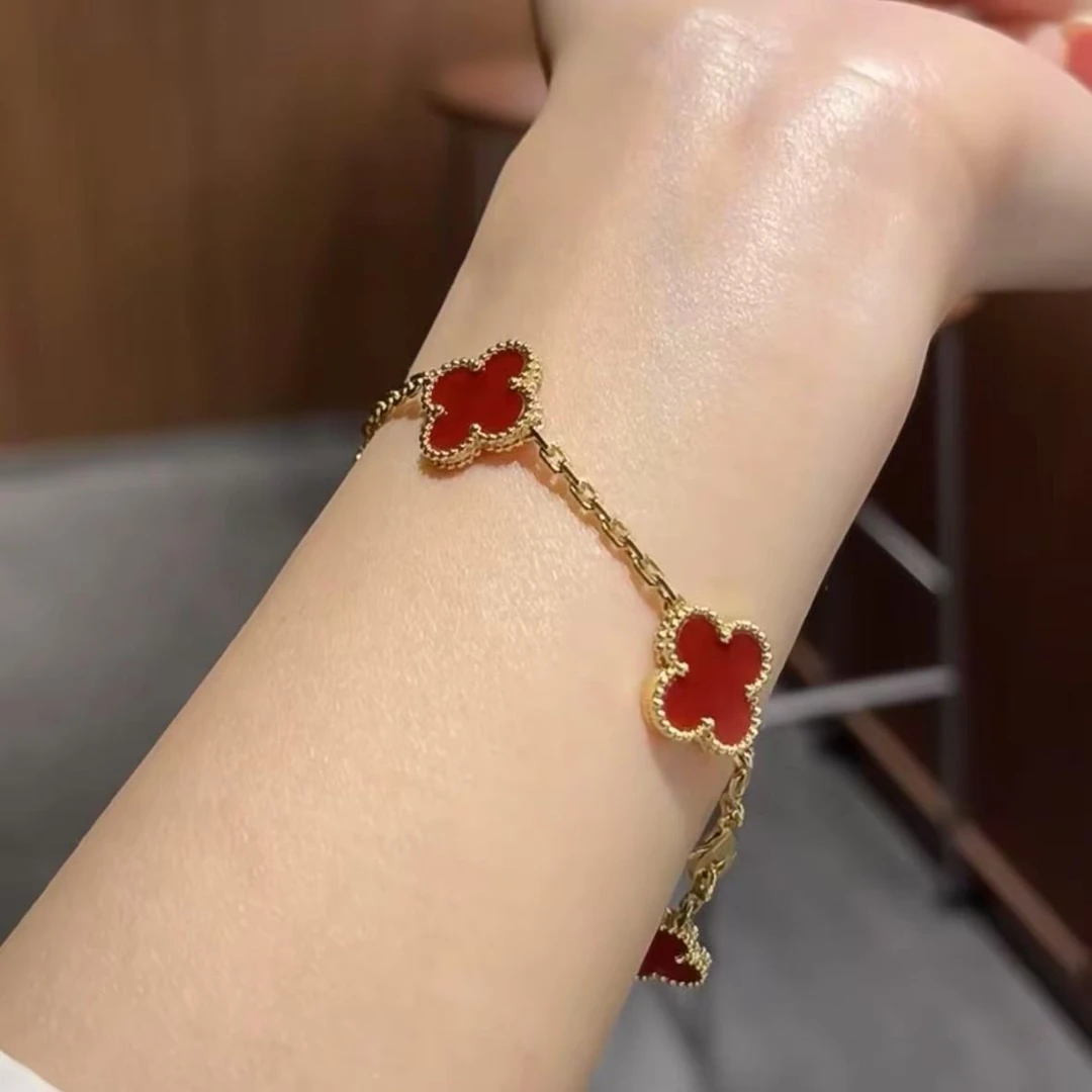 18k金重金版红色四叶花五朵花手链GHJ