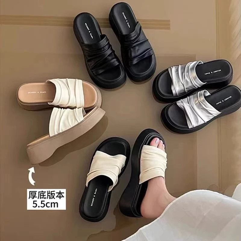 厚底增高皱皱皮一字拖鞋女夏季外穿2025新款配裙子松糕底凉拖凉鞋