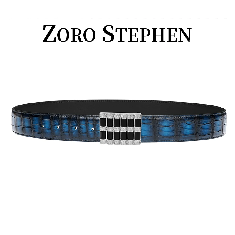 佐罗史蒂芬经典商务男士鳄鱼皮手工擦色腰带镶玛瑙镶钻镀金扣头