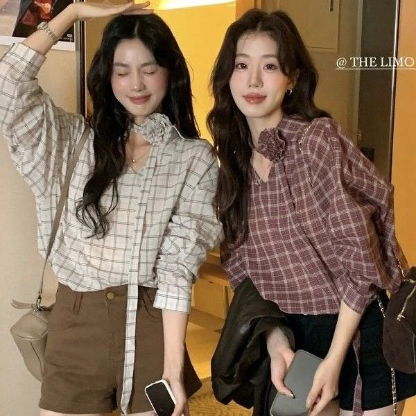 THE LIMON柠檬绿茶秋季新款法式时髦复古格纹衬衫(配可拆卸胸花)