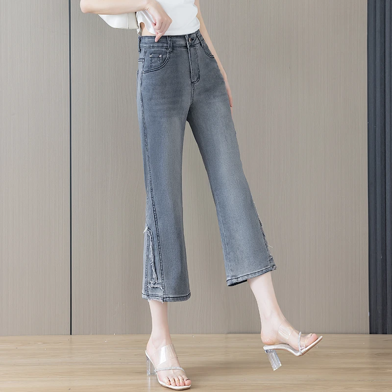 烟灰色高腰微喇牛仔裤2025新款夏季薄款显瘦小个子九分喇叭裤八分