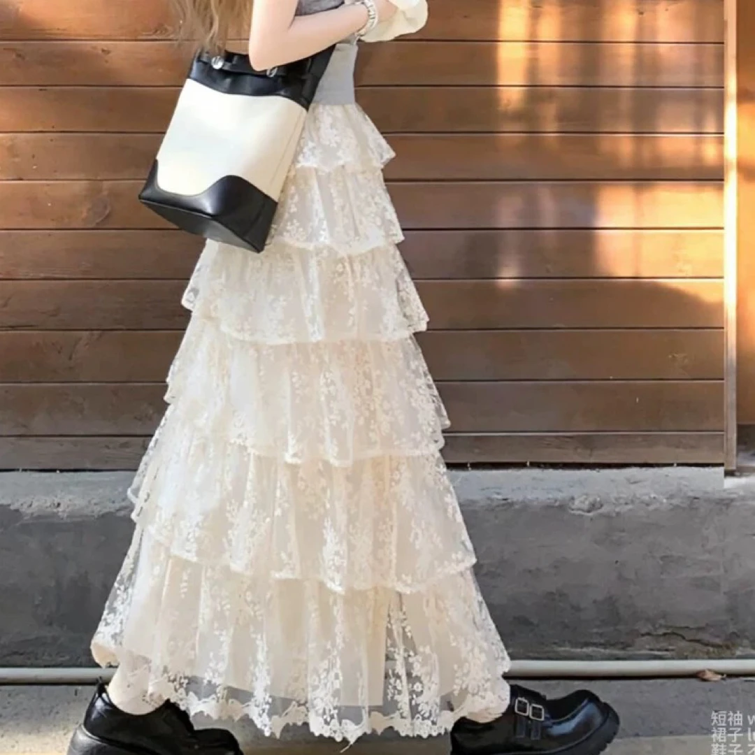 仙气感蕾丝半身裙女a字春秋2025新款高腰显瘦蓬蓬蛋糕裙长款裙子