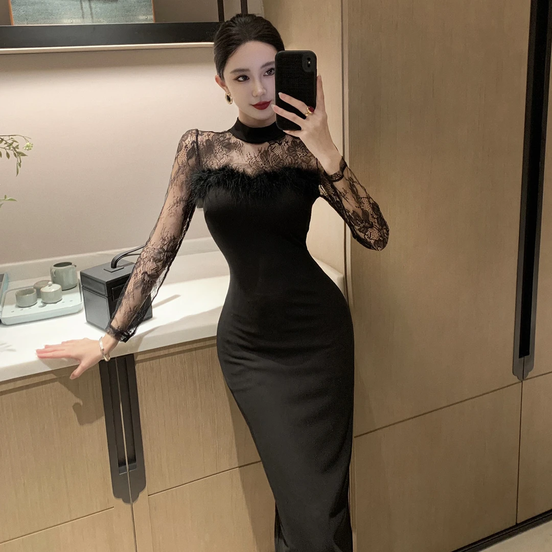 秋冬时尚蕾丝透视包臀弹力紧身女人味性感打底连衣裙出游服装女