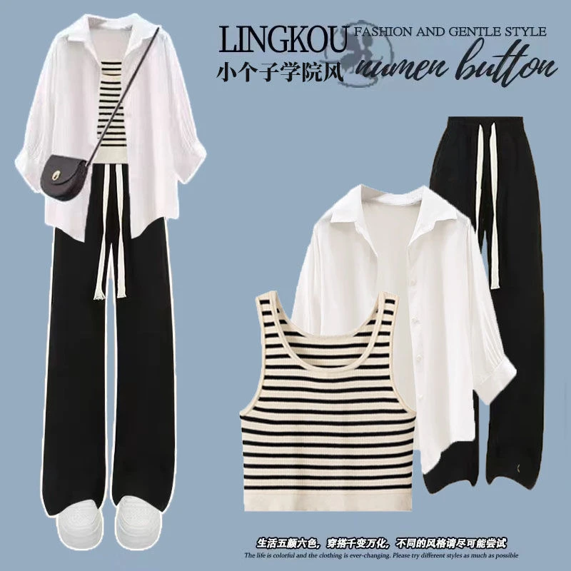 宽松条纹防晒衬衫搭配高腰阔腿裤韩版潮流三件套夏季青年女装