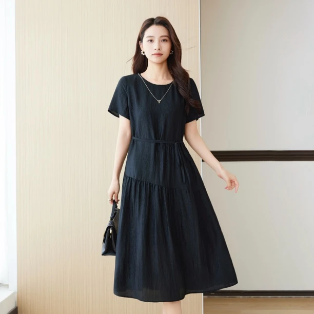 普隆迪法式气质短袖连衣裙女夏季新款高级纯色大码遮肚拼接裙子