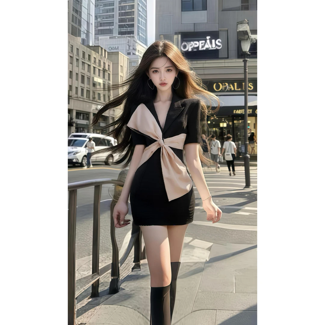 黑色西装连衣裙2025夏季新款设计感收腰显瘦气质小香风蝴蝶结裙子