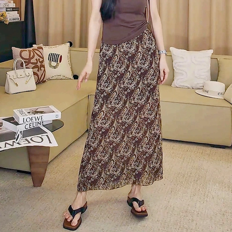复古腰果花半身长裙高腰时尚印花碎花半身裙度假长裙夏中长款气质