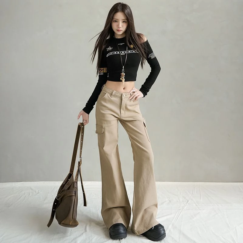 美式卡其色微喇工装牛仔裤女秋季2025新款辣妹显瘦弹力修身喇叭裤