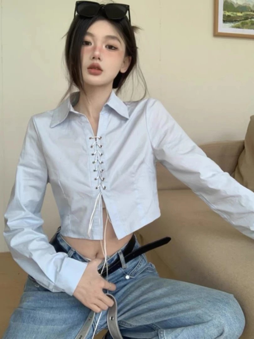 辣妹设计感小众交叉绑带春日衬衫女2024春秋款蓝色翻领百搭短上衣