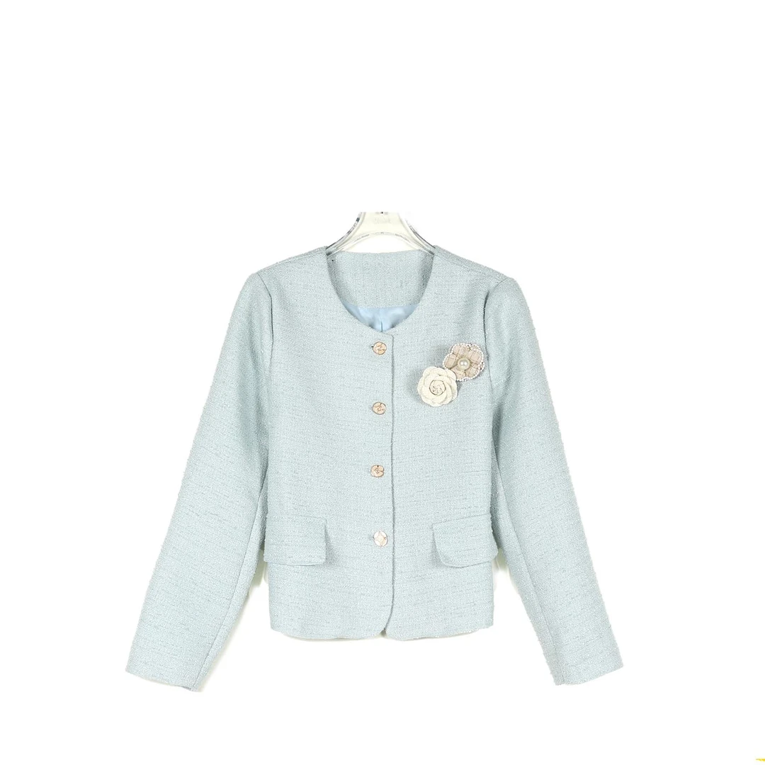 春夏2025新韩系圆领胸针花朵气质上衣252-SY/0301-X068