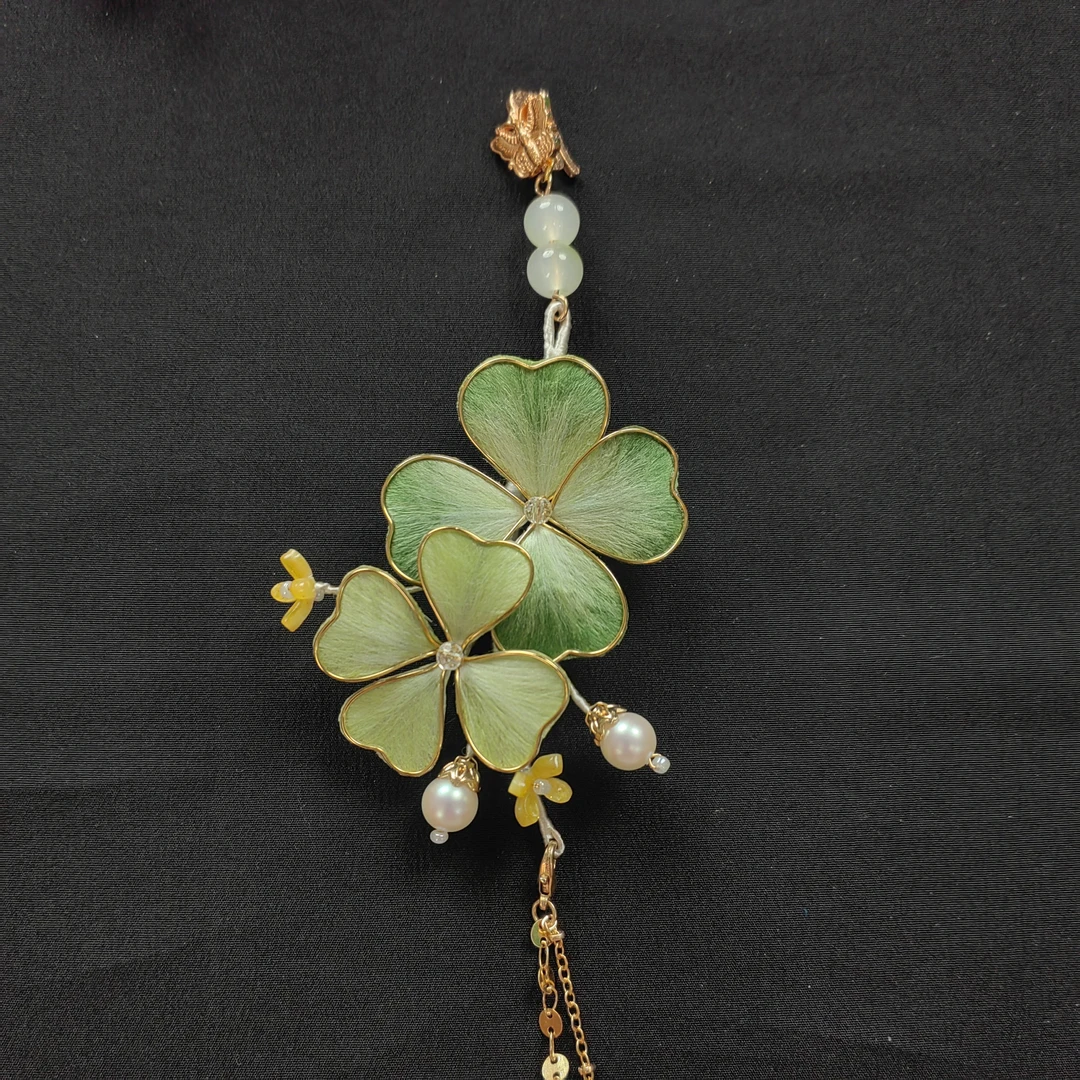 【四叶草压襟】南京非遗绒花纯手工制作掐丝四叶草渐变绿色压襟